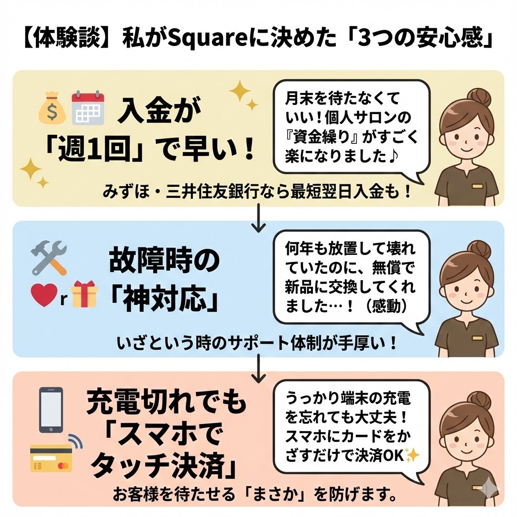 Square(スクエア)導入メリット図解 週1回入金 サポート神対応 スマホでタッチ決済 体験談