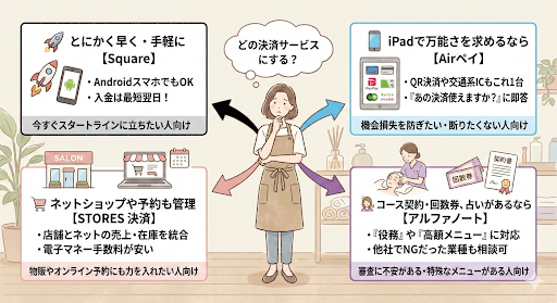 個人サロン向けクレジットカード決済サービスの選び方を図解したインフォグラフィック。エプロン姿の女性オーナーが「どの決済サービスにする?」と悩んでおり、4つの選択肢(Square、Airペイ、STORES決済、アルファノート)に分岐している。Squareは「早く手軽に」、Airペイは「iPadで万能に」、STORES決済は「ネットショップや予約も管理」、アルファノートは「コース契約・回数券、占いなど特殊業種」向けと、それぞれの特徴とおすすめの人が簡潔にまとめられている。