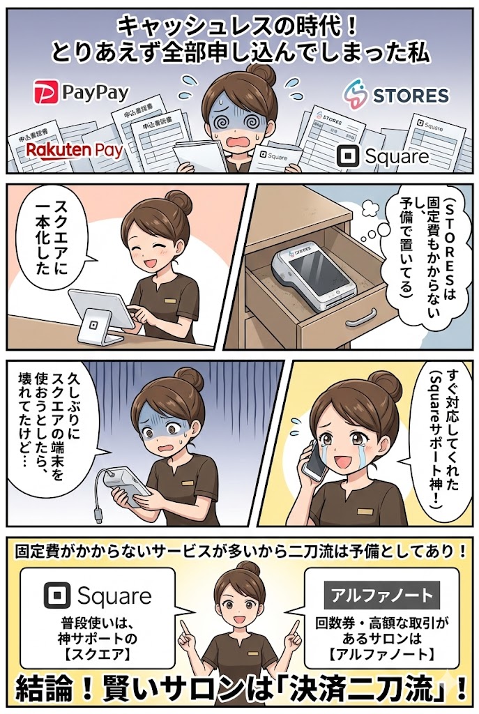 個人サロンオーナーが実体験から学ぶ、Squareとアルファノートを使った「決済二刀流」のすすめ4コマ漫画