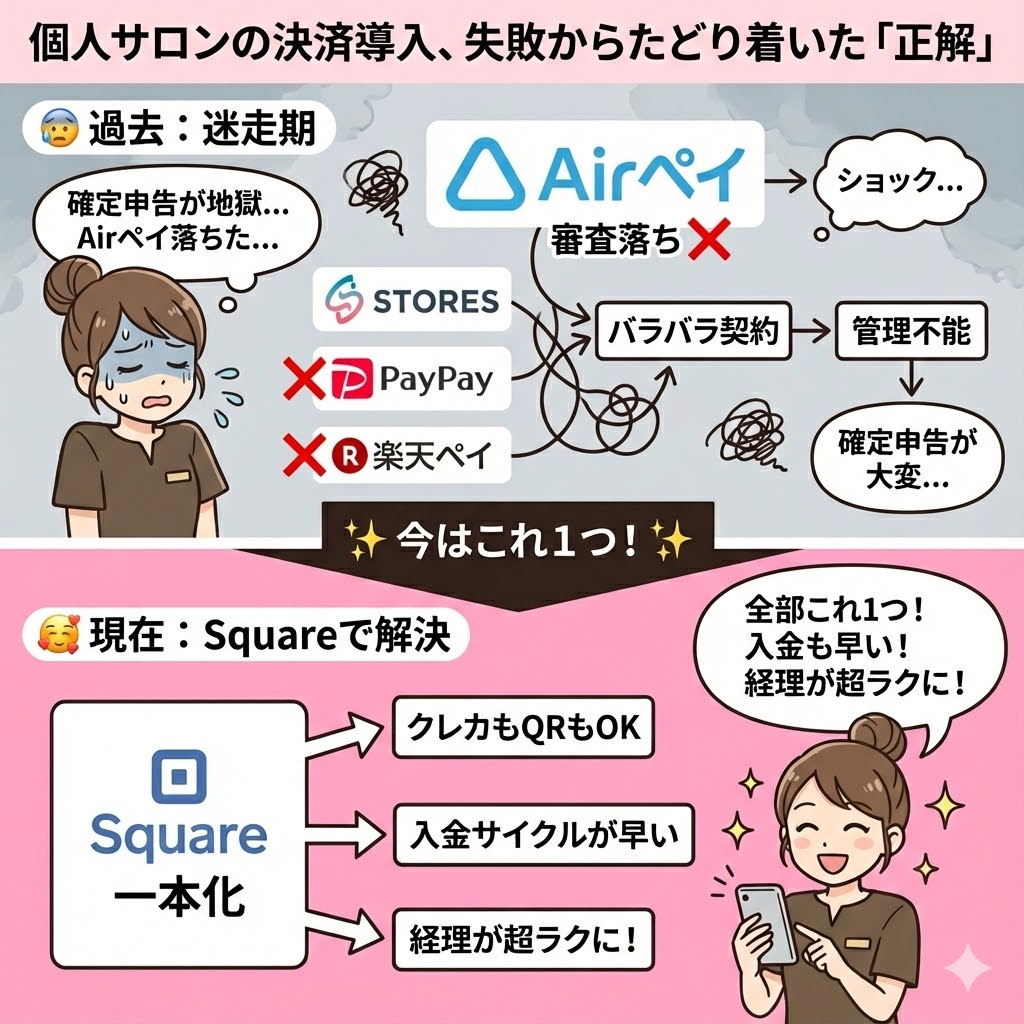 個人サロン クレジットカード決済 失敗談 Airペイ審査落ち Square一本化 比較図解